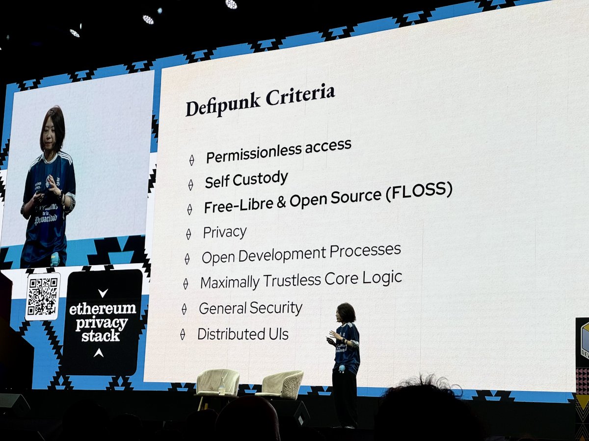 投影片「Defipunk Criteria」,列出 Permissionless access、Self Custody、Free-Libre & Open Source、Privacy 等條件