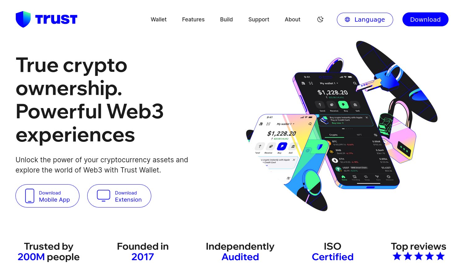Trust Wallet 官網首頁,標語是「True crypto ownership. Powerful Web3 experiences」