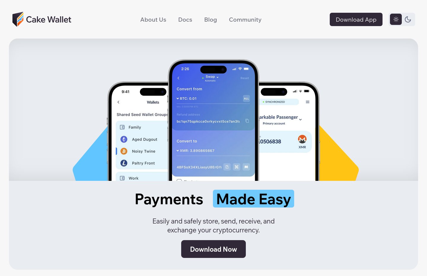Cake Wallet 官網首頁,三支手機顯示錢包畫面,標語是「Payments Made Easy」