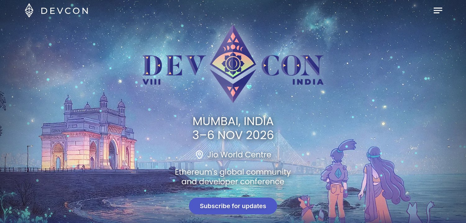 Devcon 8 的宣傳圖:孟買印度門的插畫,寫著 Mumbai, India、3–6 Nov 2026、Jio World Centre