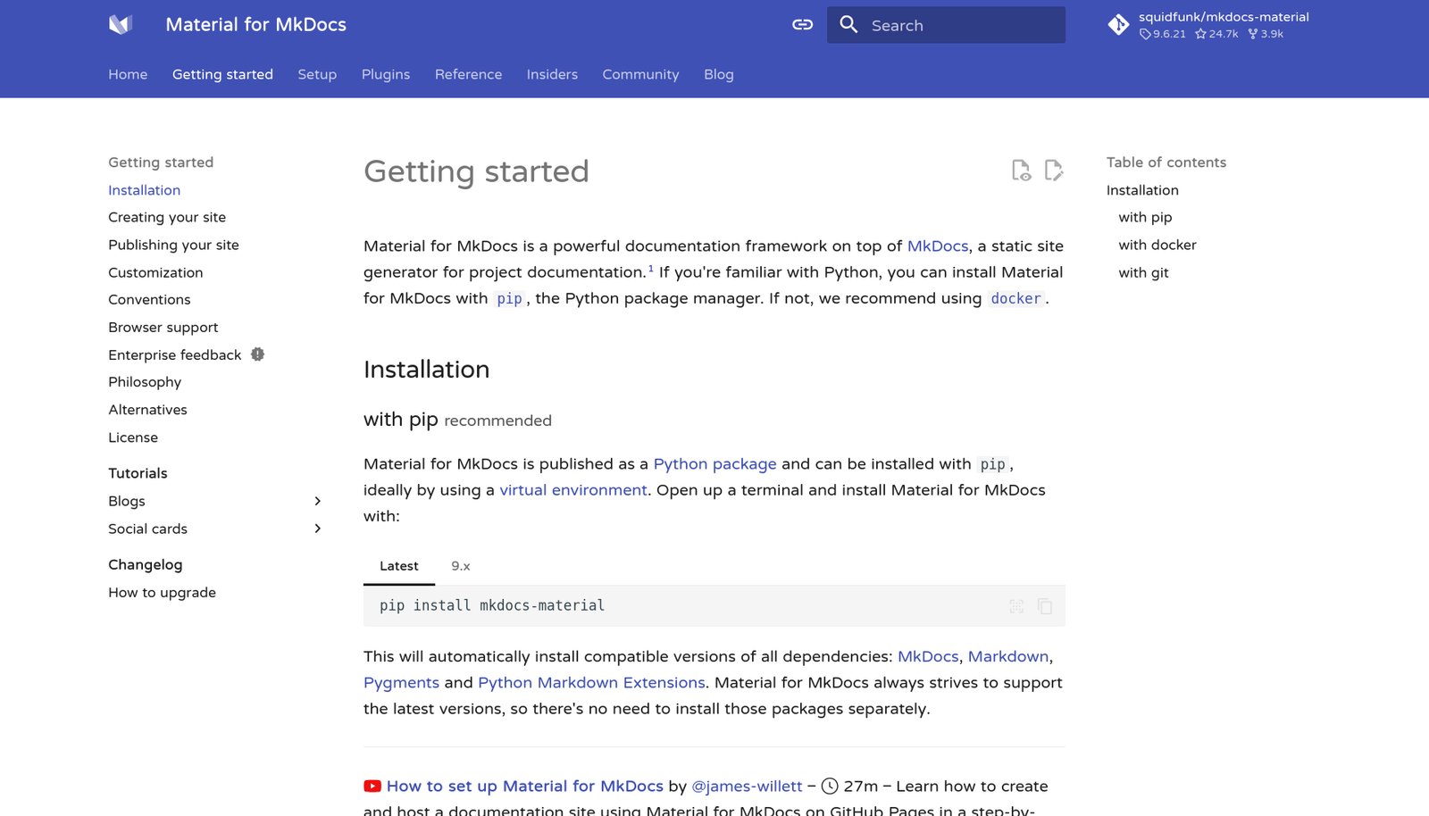 Material for MkDocs 文件的「Getting started」安裝說明頁